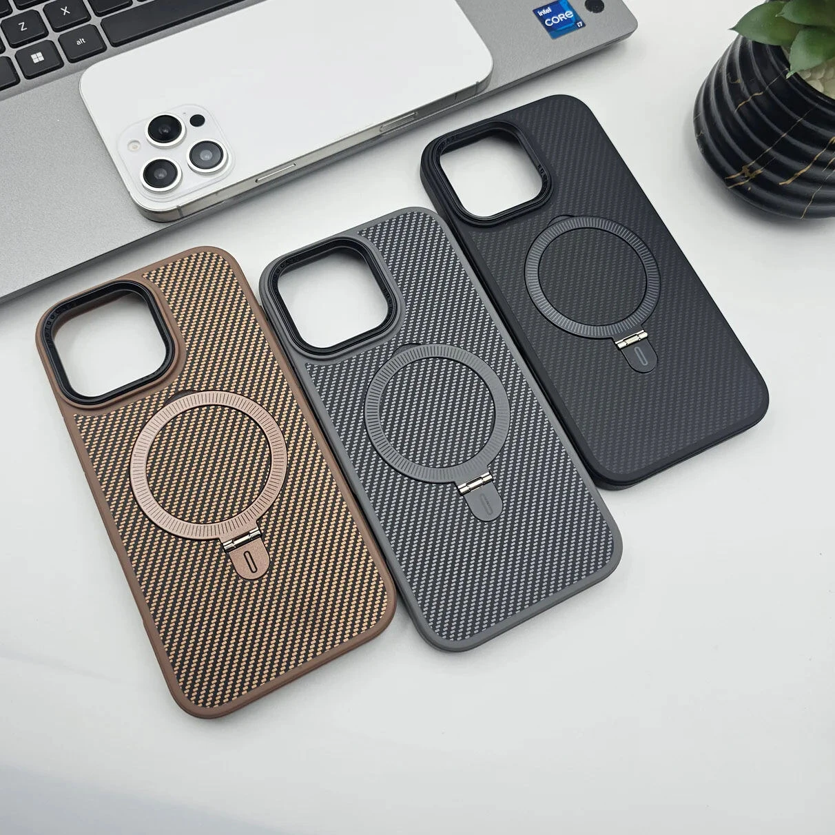 iPhone 16 Series Carbon Fibre With Magnetic Magsafe Ring Stand Case for ✔ iPhone 16 ✔ iPhone 16 Plus ✔ iPhone 16 Pro ✔ iPhone 16 Pro Max back cover